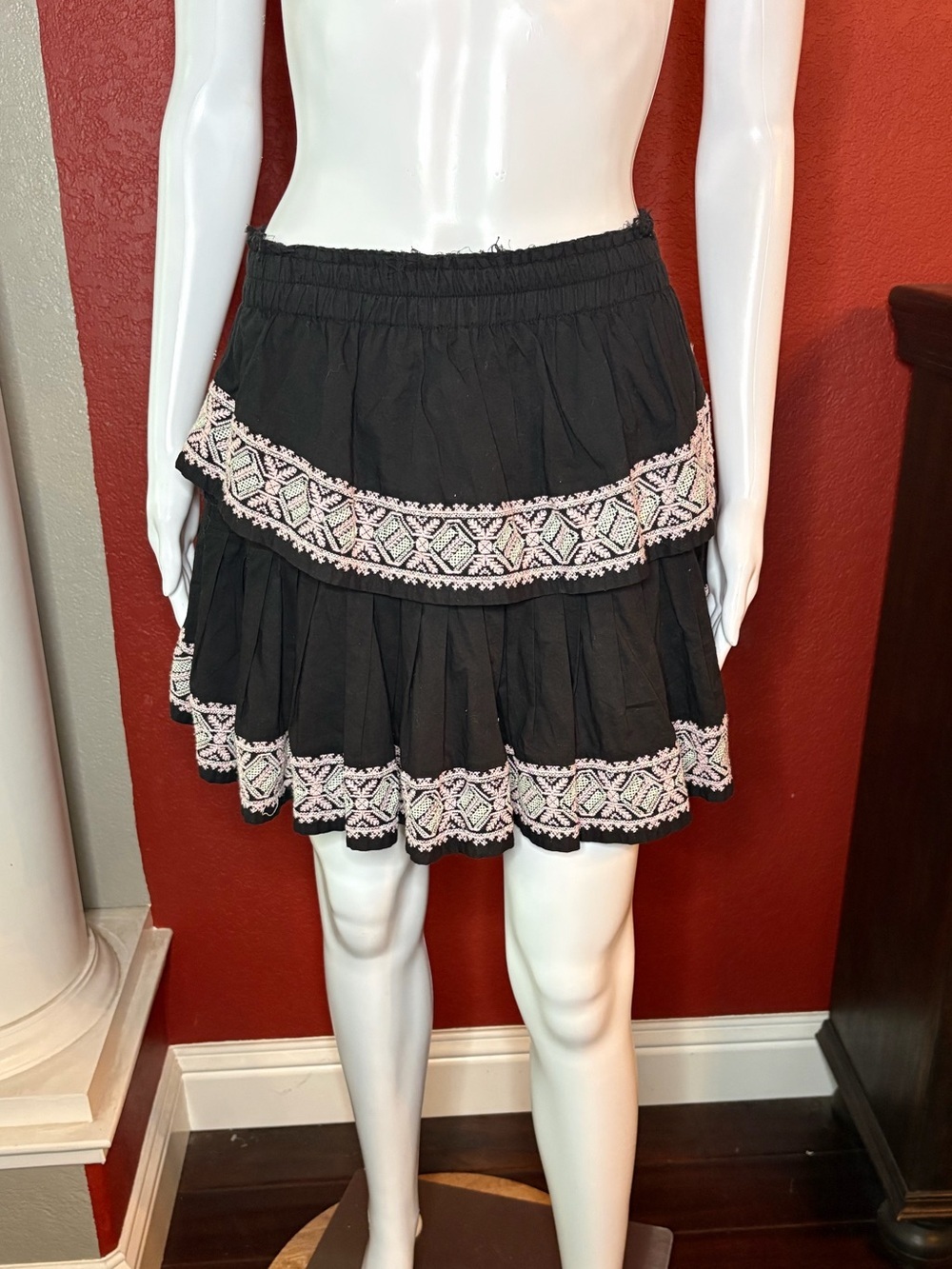 LoveShackFancy Black Embroidered Ruffle Tiered Mini Skirt Boho Trim Size XS
